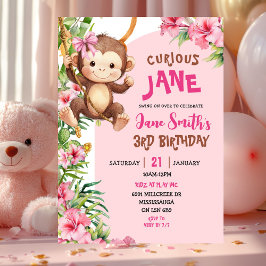Convite Pink Curious Monkey Safari Theme Birthday