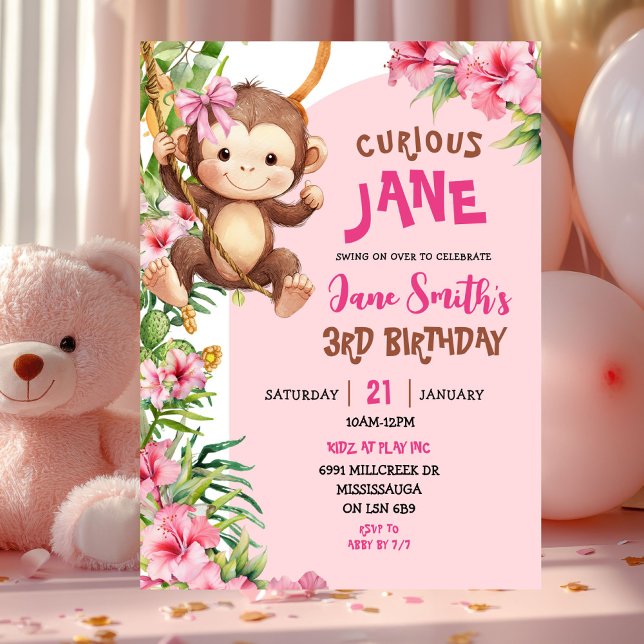 Convite Pink Curious Monkey Safari Theme Birthday (Criador carregado)