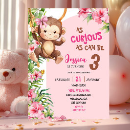 Convite Pink Curious Monkey Savannah Theme Birthday