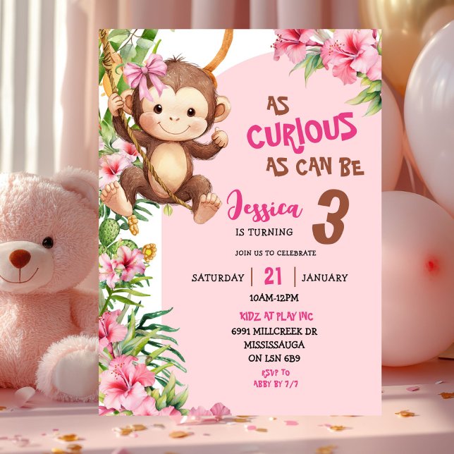 Convite Pink Curious Monkey Savannah Theme Birthday (Criador carregado)