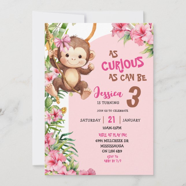 Convite Pink Curious Monkey Savannah Theme Birthday (Frente)