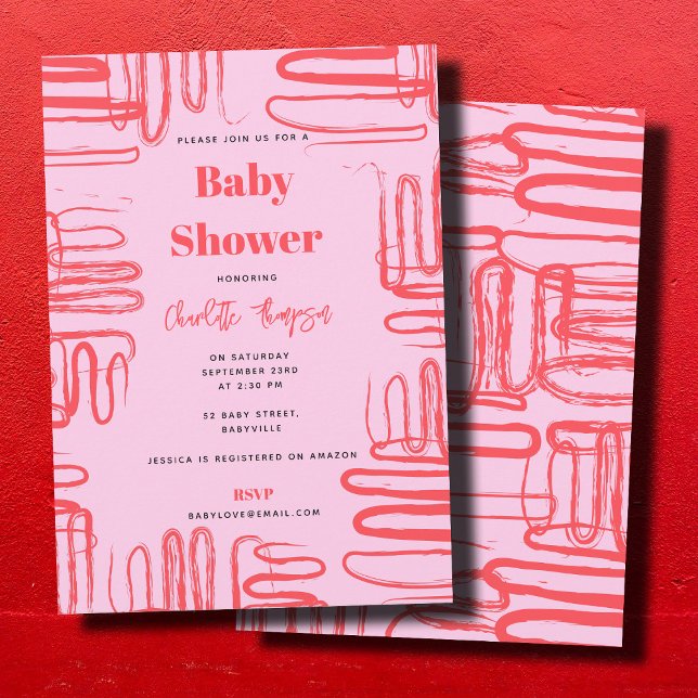 Convite Pink Curve Wavy Squiggle Abstract Baby Shower (Pink Curve Wavy Squiggle Abstract Baby Shower Invitation)