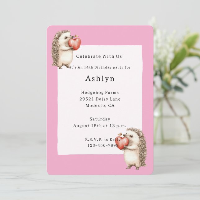 Convite Pink Cute Adorable Hedgehogs Hearts Birthday (Em pé/Frente)