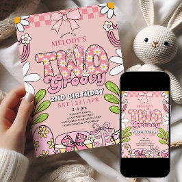 Convite Pink Daisy 2nd Birthday Retro Birthday