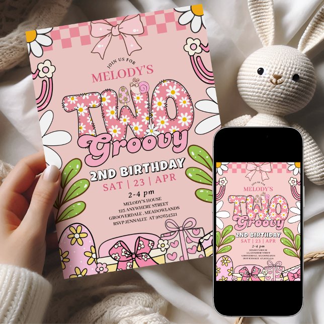 Convite Pink Daisy 2nd Birthday Retro Birthday (Criador carregado)