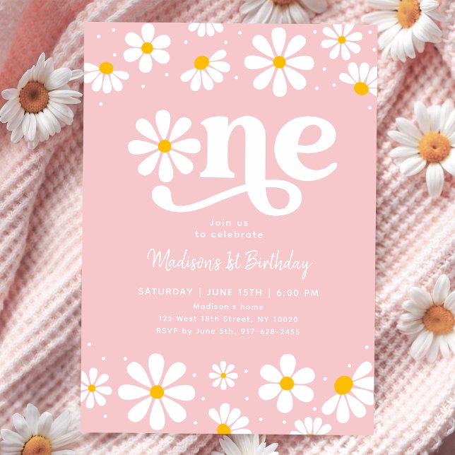 Convite Pink Daisy Boho Primeiro Aniversário (Criador carregado)