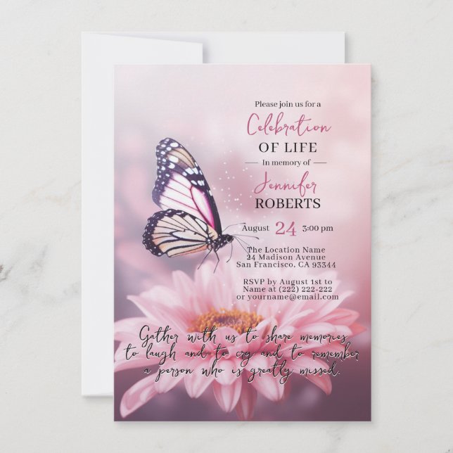 Convite Pink Daisy Butterfly Celebration of Life | PHOTO (Frente)