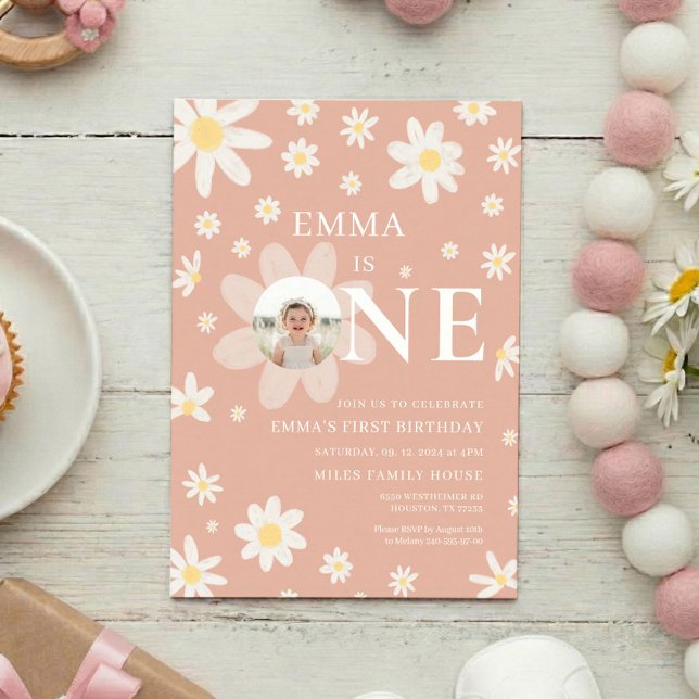 Convite Pink Daisy First 1st Birthday Photo invitation (Criador carregado)