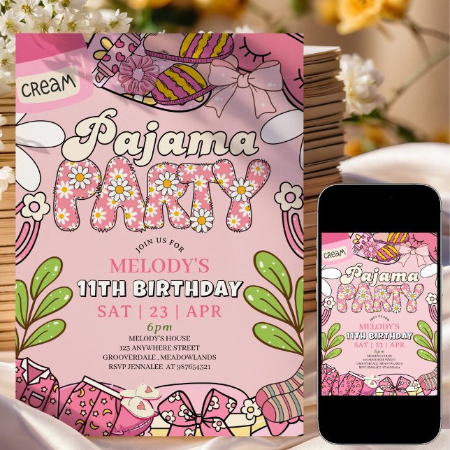 Convite Pink Daisy Pajama Party Birthday  (Criador carregado)