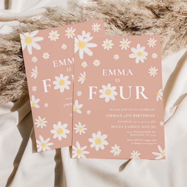 Convite Pink Daisy Quarto Concurso de Aniversário Quatro (Criador carregado)