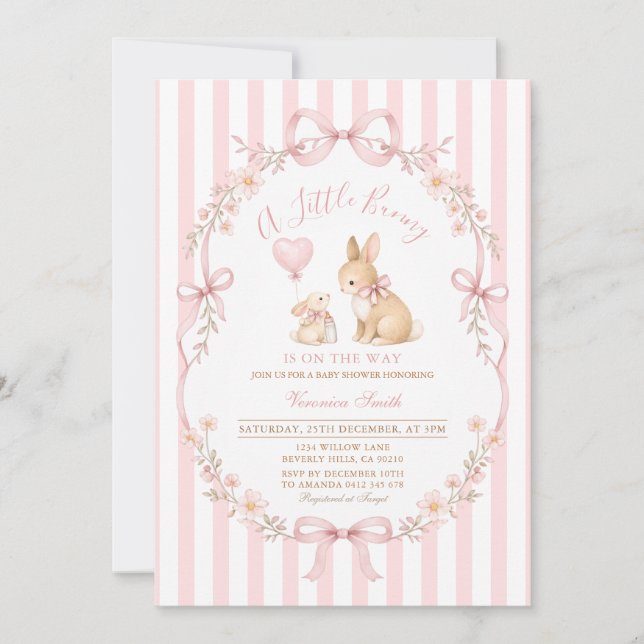 Convite Pink Daisy Striped Bunny Baby Shower (Frente)