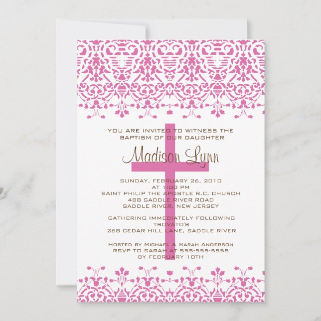 Convite Pink Damask Baptism Invitation (Frente)