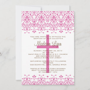 Convite Pink Damask Baptism Invitation