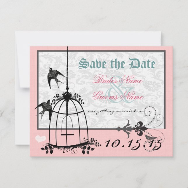 Convite Pink Damask Bird Cage Casamento Salve a Data (Frente)