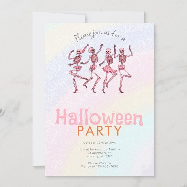Convite Pink Dancing Skeletons Rainbow Halloween Party (Frente)