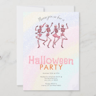 Convite Pink Dancing Skeletons Rainbow Halloween Party