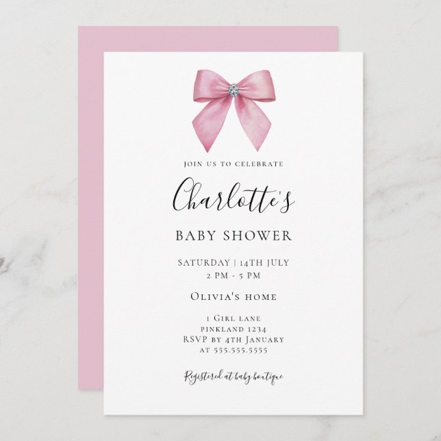 Convite Pink Diamond Bow Girl Baby Shower Invitation (Frente/Verso)