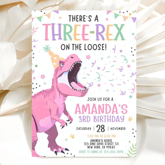 Convite Pink Dinosaur Birthday Invitation Editable Three 3 (Criador carregado)