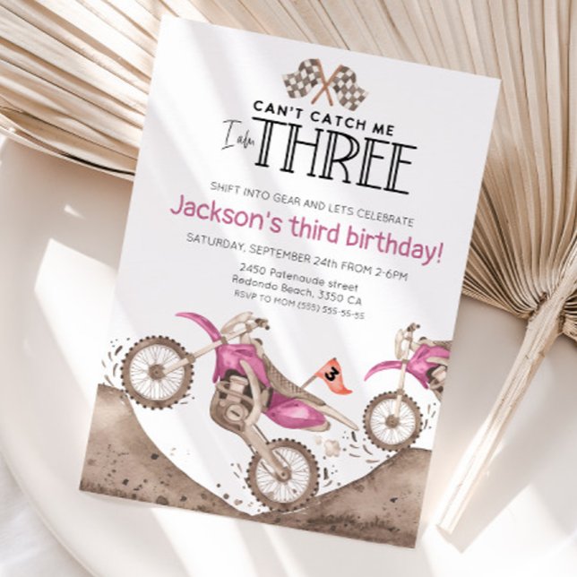 Convite Pink Dirt Bike 3rd birthday - Cant catch me (Pink dirt bike birthday invitation, cute watercolor pink dirt bike)