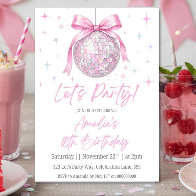 Convite Pink Disco Ball Birthday Invitation, Pink Coquette (Criador carregado)
