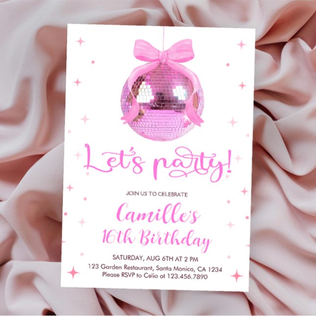 Convite Pink Disco Ball | pink bow Birthday  (Criador carregado)