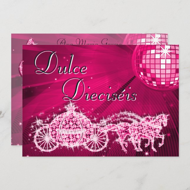 Convite Pink Disco Ball, Princess Coach & Horses Sweet 16 (Frente/Verso)