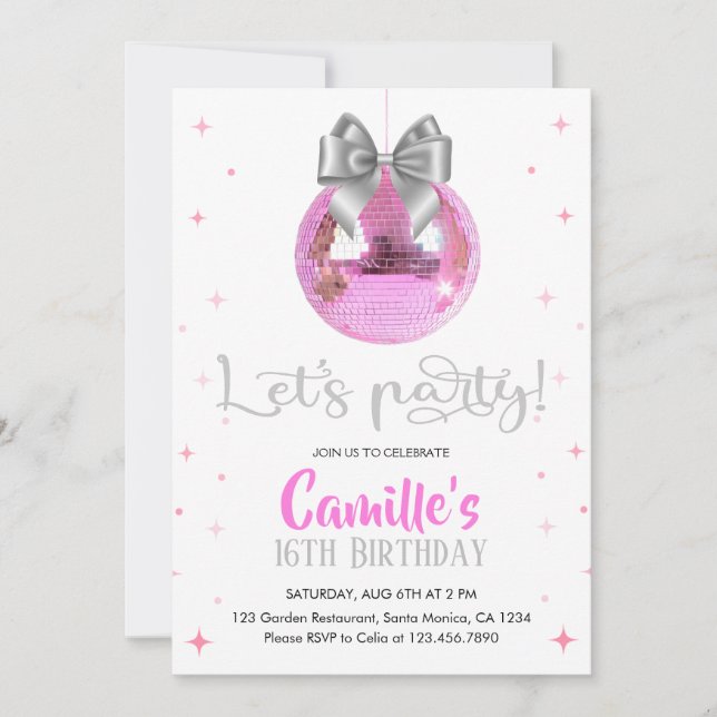 Convite Pink Disco Ball | Silver bow Birthday  (Frente)