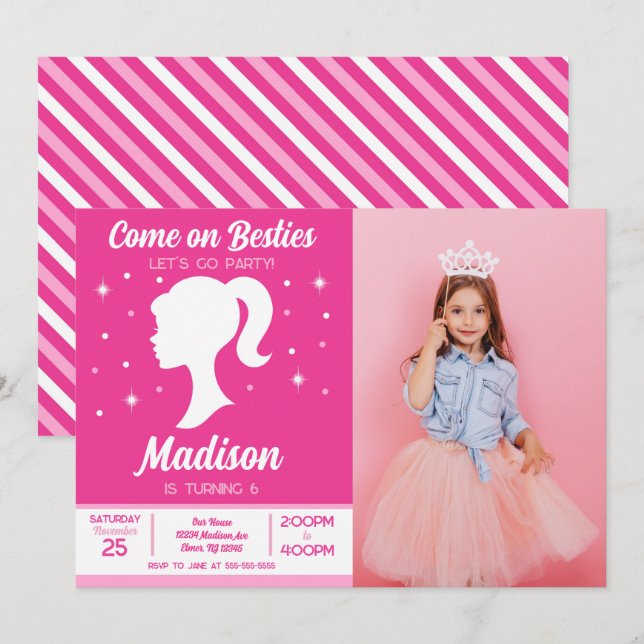 Convite Pink Doll Besties Fashion Party Birthday  (Frente/Verso)