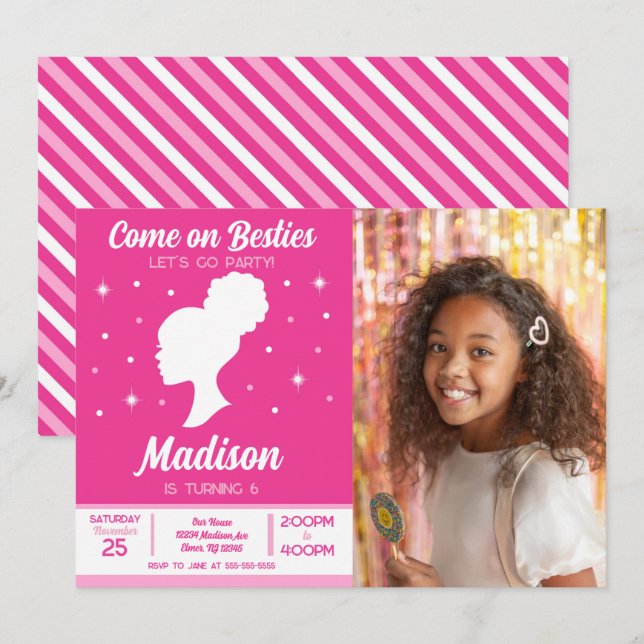 Convite Pink Doll Besties Fashion Party Photo Birthday  (Frente/Verso)