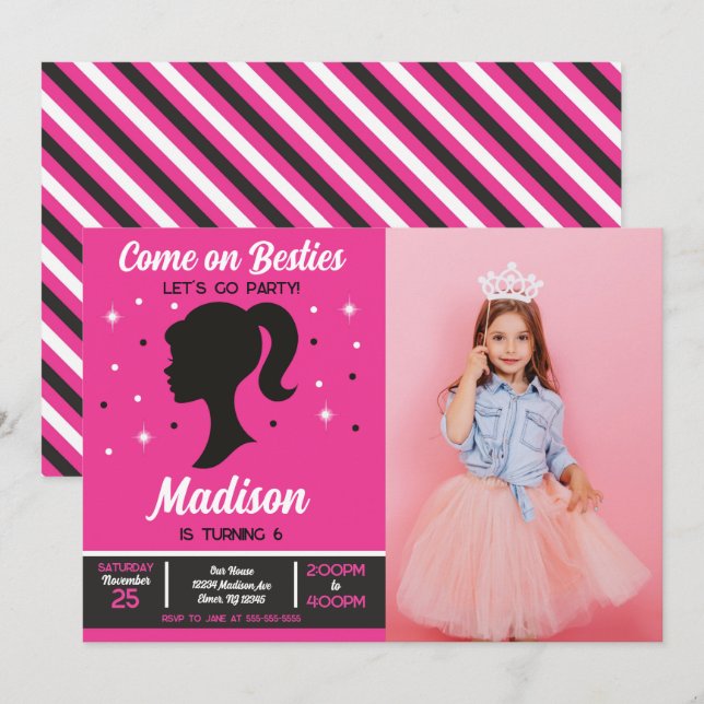 Convite Pink Doll Besties Fashion Party Photo Birthday  (Frente/Verso)