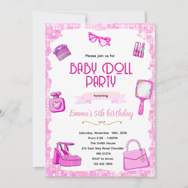Convite Pink doll party invitation (Frente)