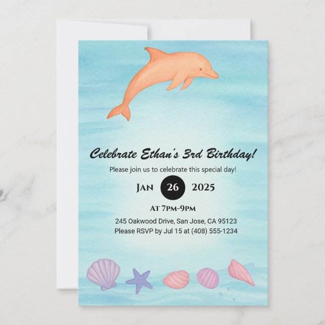 Convite Pink Dolphin & Seashell Beach Birthday  (Frente)