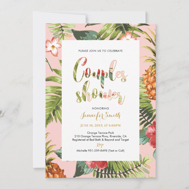 Convite Pink & Dourado | Chuveiro de Casal Tropical (Frente)