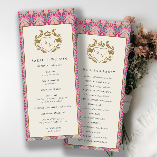 Convite Pink Dourado Classy Floral Laurel Wedding Program (Criador carregado)