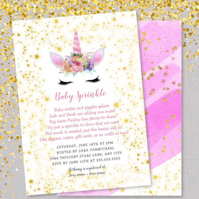 Convite Pink Dourado Unicorn Baby Sprinkle (Criador carregado)