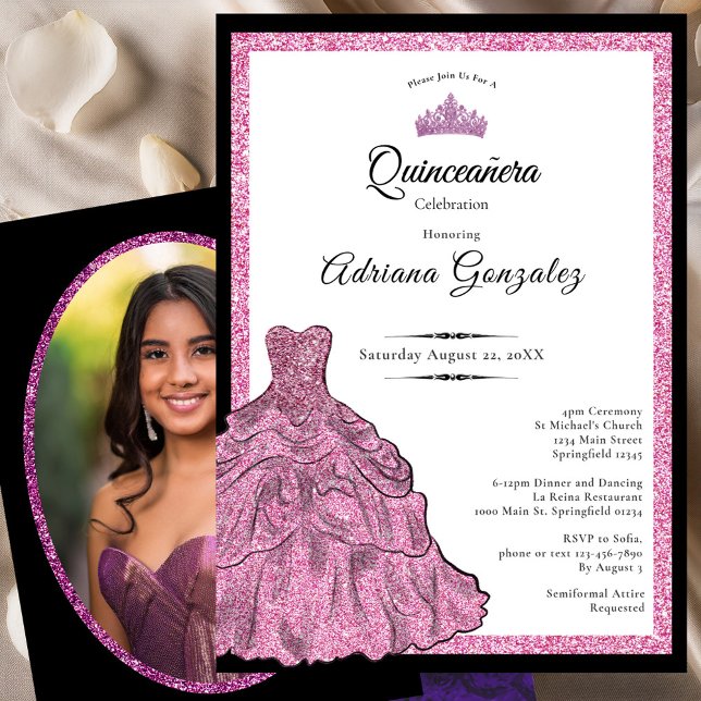 Convite Pink Dress and Tiara Custom Photo Quinceanera (Criador carregado)