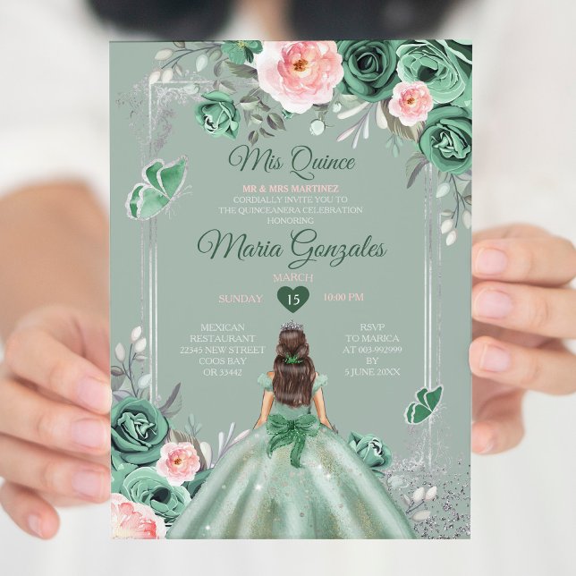 Convite Pink Dusty Green Silver Mis Quince 15 Anos (Criador carregado)