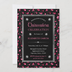 Convite Pink e Preto Brilho Manchas de Leopardo Quinceaner