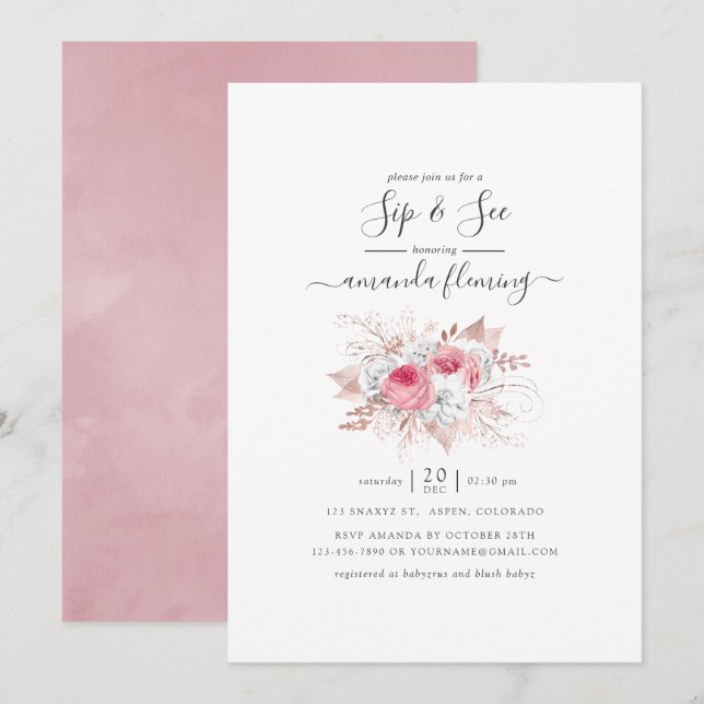 Convite Pink e Rosa Dourado Floral Sip e See (Frente/Verso)