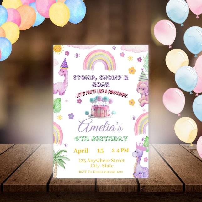 Convite Pink Editable Dinosaur Birthday Invite Template  (Criador carregado)