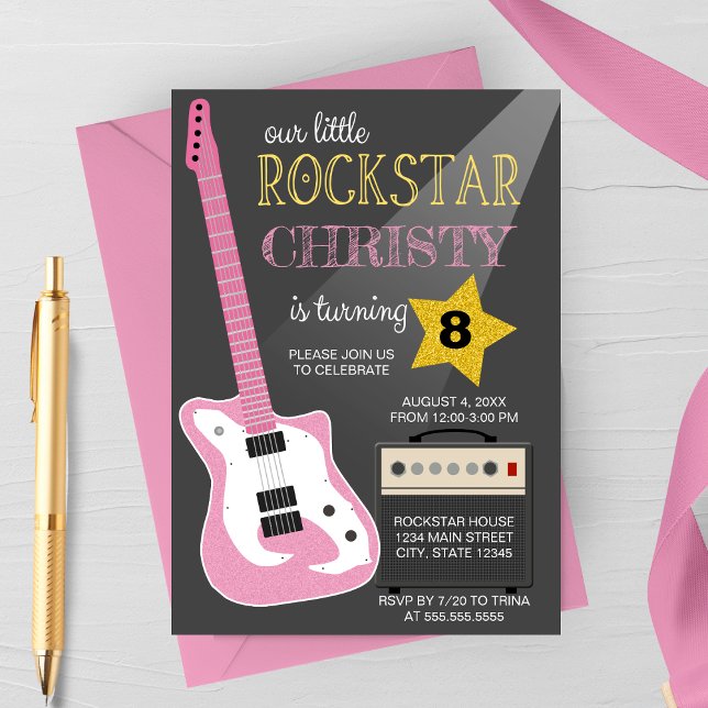 Convite Pink Electric Guitar Rockstar Birthday Party (Criador carregado)
