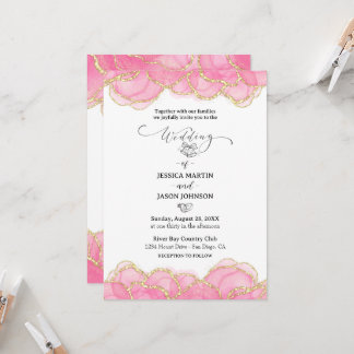 Convite Pink Elegante Moderno e Casamento Dourado