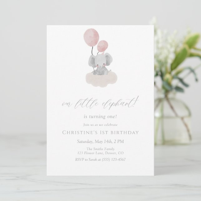 Convite Pink Elephant First Birthday Invitation (Em pé/Frente)