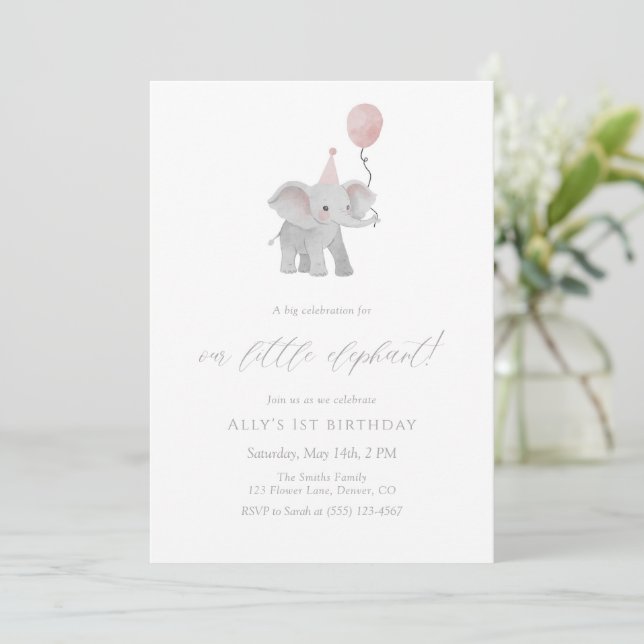 Convite Pink Elephant First Birthday Invitation Watercolor (Em pé/Frente)