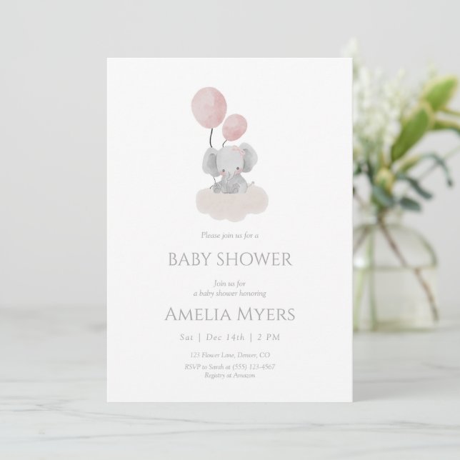 Convite Pink Elephant on Cloud Baby Shower Invitation (Em pé/Frente)