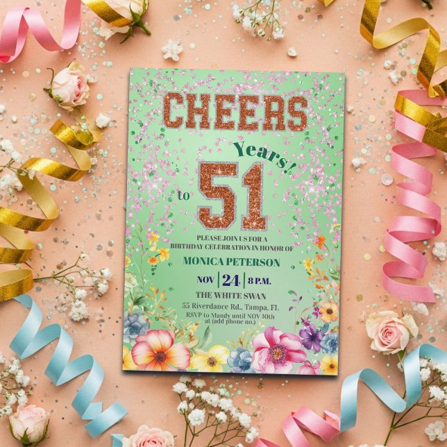 Convite Pink Emerald Glitter Floral 51st Birthday Party (Criador carregado)