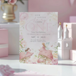 Convite Pink Fairy Mushroom Floral Garden 1st Birthday 