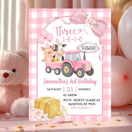 Convite Pink Farm Animals Three-i-e-i-o Girl 3rd Birthday