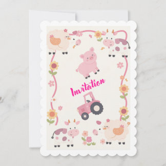 Convite Pink Farm Birthday Invitation Template, Editable G