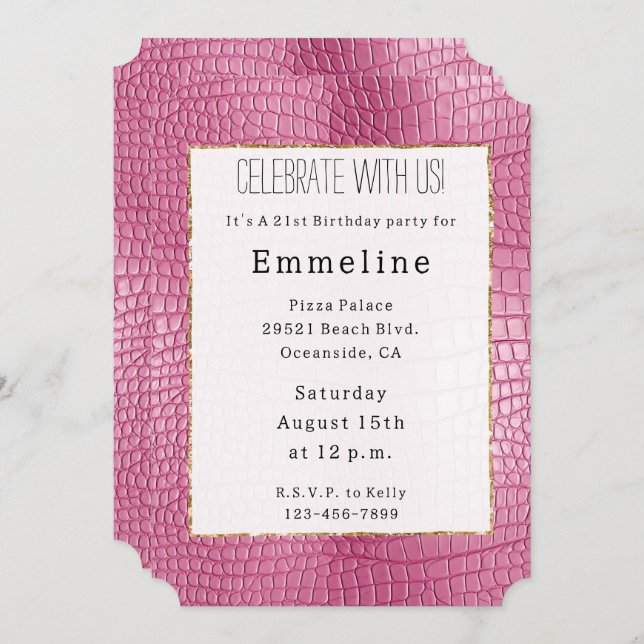 Convite Pink Faux Alligator Animal Birday (Frente/Verso)